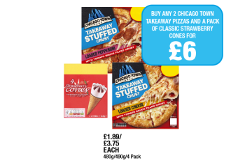 Chicago Town Takeaway Stuffed Crust Pepperoni, Loaded Cheese, Strawberry Cones - Buy Any 2 Chicago Town Takeaway Pizzas And A Pack of Classic Strawberry Cones for £6 at Family Shopper