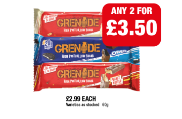 Grenade Protein Bars Salted Peanut, Oreo, Peanut Nutter - Any 2 for £3.50 at Family Shopper