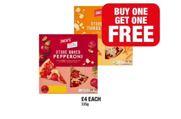 Jack's Stonebaked Pizza Three Cheese, Pepperoni - Buy 1 Get 1 FREE at Family Shopper