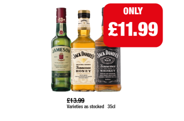 Jameson Whiskey, Jack Daniel Tennesse Honey, Whiskey - Now Only £11.99 at Family Shopper