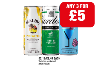 Malibu Pineapple, Gordon's Gin & Tonic, Funkin Blue Raspberry Martini - Any 3 for £5 at Family Shopper