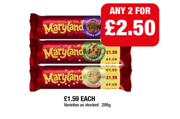 Maryland Double Choc, Choc & Hazelnut, White Choc - Any 2 for £2.50 at Family Shopper