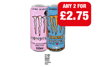 Monster Ultra Strawberry, Mango Loco - Any 2 for £2.75 at Family Shopper