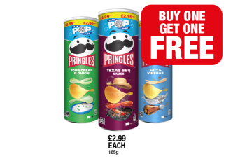 Pringles Sour Cream & Onion, Texas BBQ Sauce, Salt & Vinegar - Buy 1 Get 1 FREE at Family Shopper