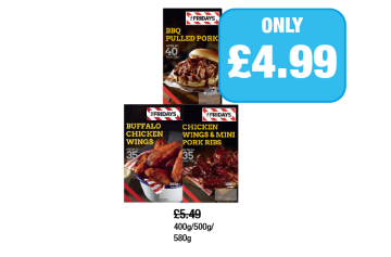 TGI Fridays BBQ Pulled Pork, Buffalo Chicken Wings, Chicken Wings & Mini Pork Ribs - Now Only £4.99 at Family Shopper