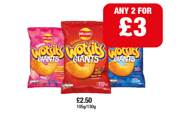 Wotsits Giants Really Cheesy, Sweet & Spicy, Prawn Cocktail - Any 2 for £3 at Family Shopper