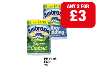 Ambrosia Rice Pudding, Devon Custard - Any 2 for £3 at Family Shopper