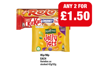 Rolo, KitKat Chunky Biscoff White, Jelly Tots - Any 2 for £1.50 at Family Shopper