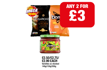 Sensations Chicken, Doritos Cheesy, Mild Salsa Dip - Any 2 for £3 at Family Shopper