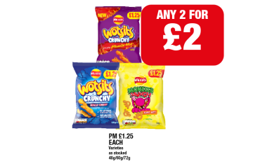 Wotsits Crunchy Flamin Hot, Crunchy, Monster Munch Roast Beef - Any 2 for £2 at Family Shopper