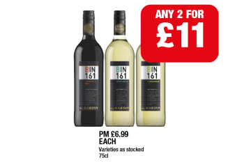 Hardy's Bin 161 Jammy Rich Red, Pinot Grigio, Chardonnay - Any 2 for £11 at Family Shopper