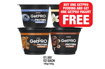 Danone GetPRO Protein Yoghurt Blueberry, Vanilla, Caramel, Chocolate Hazelnut - Buy One GetPRO Pudding And Get One GetPRO Yoghurt FREE at Family Shopper