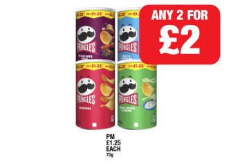 Pringles Texas BBQ Sauce, Salt & Vinegar, Original, Sour Cream & Onion - Any 2 for £2 at Family Shopper