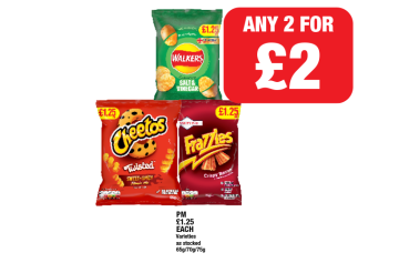 Walkers Salt & Vinegar, Cheetos Twisted Sweet & Spicy, Frazzles Crispy Bacon - Any 2 for £2 at Family Shopper