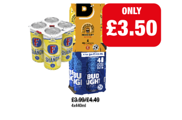 Fosters Shandy, Bodingtons, Bud Light - Now Only £3.50 each at Family Shopper