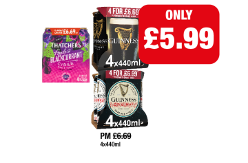Guinness, Extra Stout, Thatchers Apple & Blackcurrant - Now Only £5.99 each at Family Shopper
