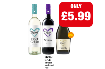 I Heart Wines Pinot Grigio, Shiraz, Bubbly - Now Only £5.99 each at Family Shopper