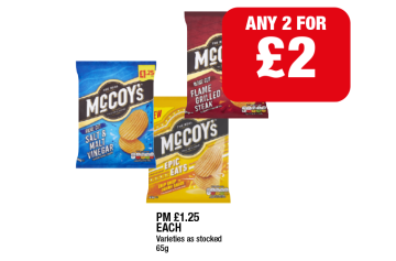 McCoy's Flame Grilled Steak, Salt & Malt Vinegar, Chip Shop Curry Sauce - Any 2 for £2 at Family Shopper