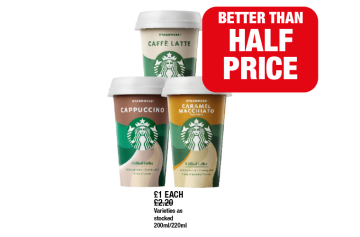 Starbucks Caffe Latte, Cappuccino, Caramel Macchiato - Now Better Than Half Price Only £1 each at Family Shopper