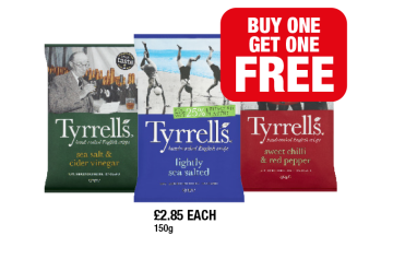 Tyrrells Sea Salt & Cider Vinegar, Lightly Sea Salted, Sweet Chilli & Red Pepper - Buy One Get One FREE at Family Shopper