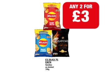 Walkers Ready Salted, Cheese & Onion, Sensations Roasted Chicken & Thyme - Any 2 for £3 at Family Shopper