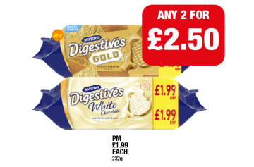 McVities Digestives Gold, White Chocolate - Now Any 2 for £2.50 at Family Shopper