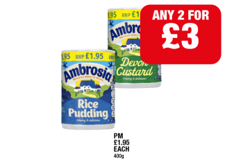 Ambrosia Rice Pudding, Devon Custard - Any 2 for £3 at Family Shopper