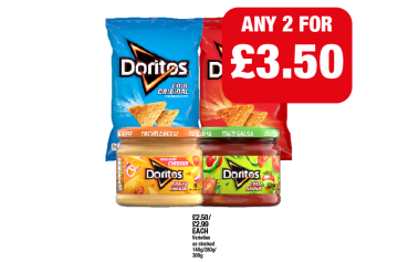 Doritos Cool Original, Chilli Heatwave, Nacho Cheese Dip, Mild Salsa Dip - Any 2 for £3.50 at Family Shopper