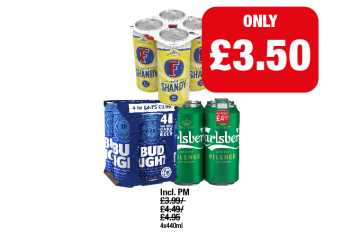 Fosters Shandy, Bud Light, Carlsberg - Now Only £3.50 at Family Shopper