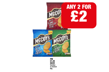 McCoy's Flame Grilled Steak, Salt & Vinegar, Cheddar & Onion - Any 2 for £2 at Family Shopper