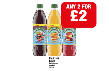 Robinsons Apple & Blackcurrant, Orange, Summer Fruits - Any 2 for £2 at Family Shopper