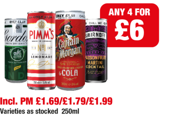 Gordon's Dry Gin, Pimm's with Lemonade, Captain Morgan & Cola, Smirnoff Passionfruit Martini Cocktail - Any 4 for £6 at Family Shopper