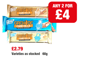Grenade Carb Killa Protein Bar Caramel Chaos, Cookies & Cream, White Chocolate Cookie - Any 2 for £4 at Family Shopper