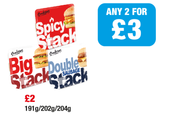 Snacksters Spicy Stack, Big Stack, Double Sausage Stack - Any 2 for £3 at Family Shopper