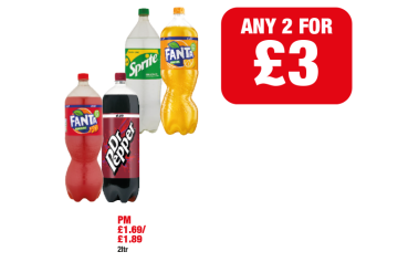 Sprite, Fanta Orange, Fruit Twist, Dr Pepper - PM £1.69/£1.89 - Any 2 for £3 at Family Shopper