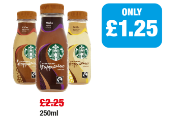 Starbucks Frappuccino Coffee, Mocha, Vanilla - Was £2.25 - Now only £1.25 each at Family Shopper