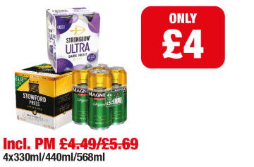 Strongbow Ultra Dark Fruit Cider, Stowford Press Apple Cider, Magners Original - Now only £4 each at Family Shopper