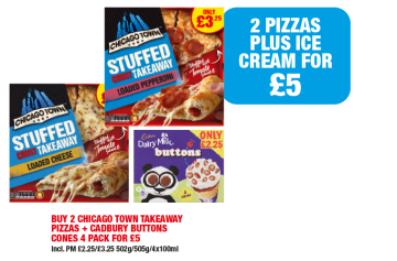 Chicago Town Stuffed Crust Takeaway Loaded Cheese Pizza, Pepperoni Pizza, Dairy Milk Buttons Cones - 2 Pizzas plus Ice Cream for £5 at Family Shopper